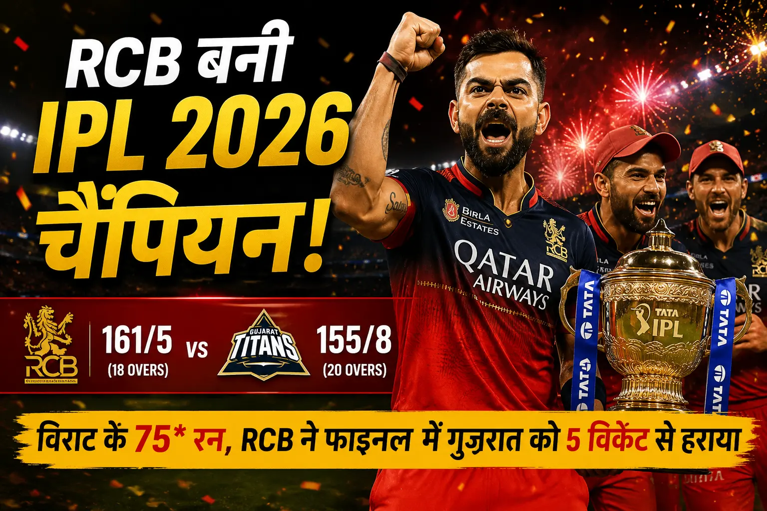 RCB WIN AGAIN IPL 2026 : विराट के 75 रन ने तोड़ा गुजरात का सपना! RCB ने फाइनल में मचाया तूफान, 5 विकेट से जीता IPL 2026